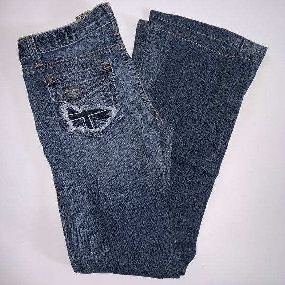 MONARCHY WOMENS SIZE 24 DISTRESSED FLARED BLUE JEANS WITH FANCY BUTTONS - Picture 5 of 6